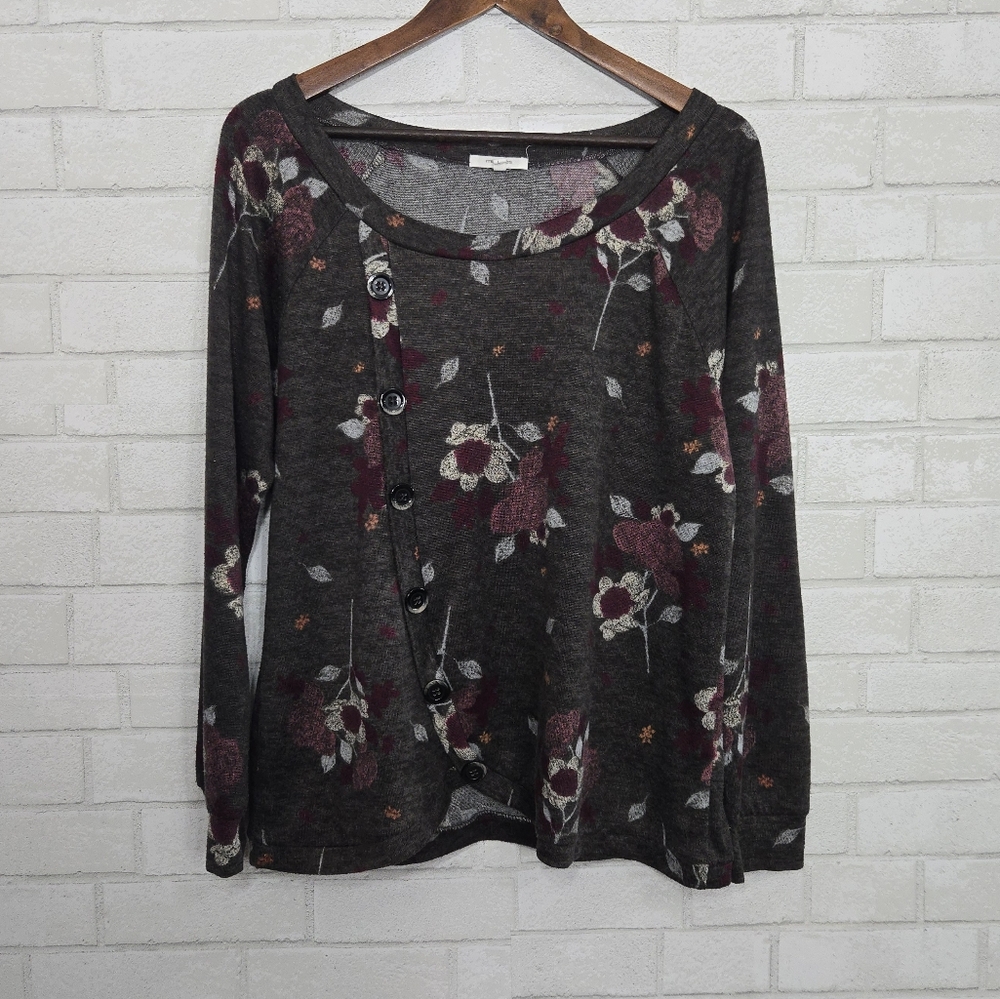 Maurices Dark Gray Floral Button-Accent Sweater